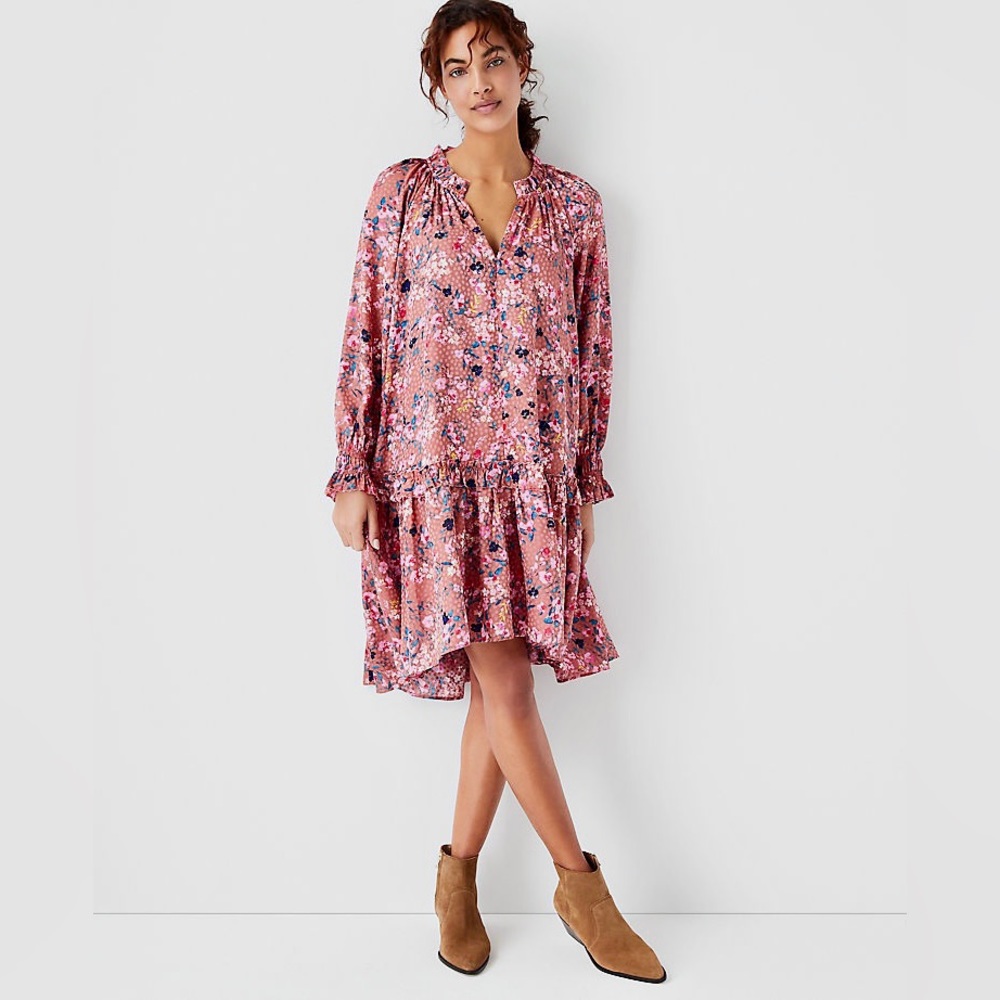NEW Ann Taylor Floral Ruffle Long Sleeve Swing Dress in Cedar Rose Pink